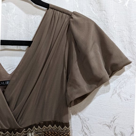 Vintage Peekaboo Lace Floral Beaded Empire Waist Chiffon Dress S Prom Balletcore - Picture 7 of 8